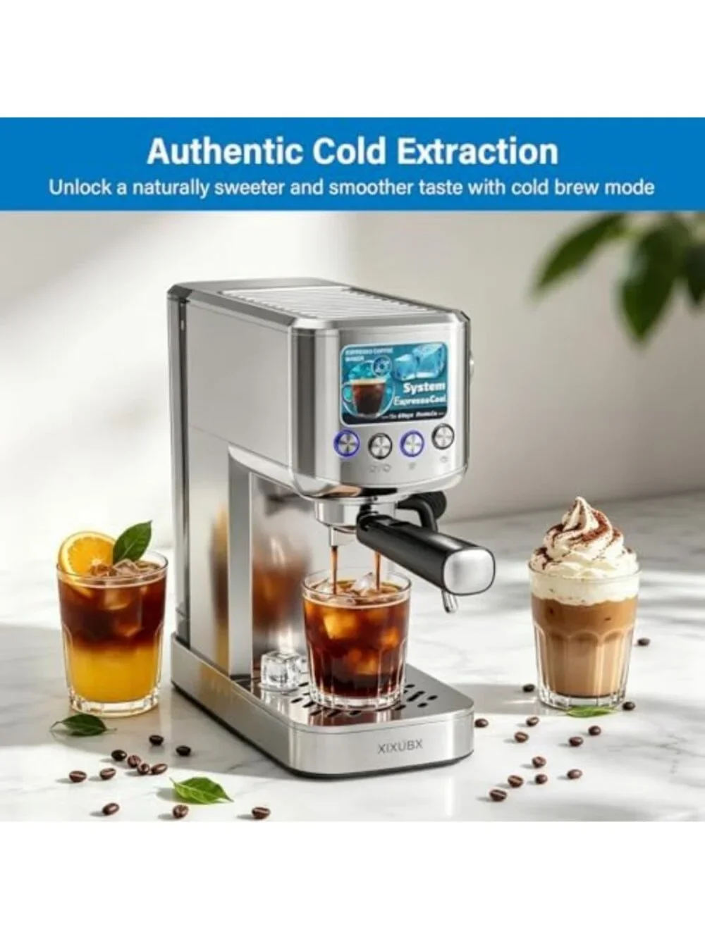 Cold Brew Espresso Maker with Milk Frother - Stylish Grey Coffee Machine